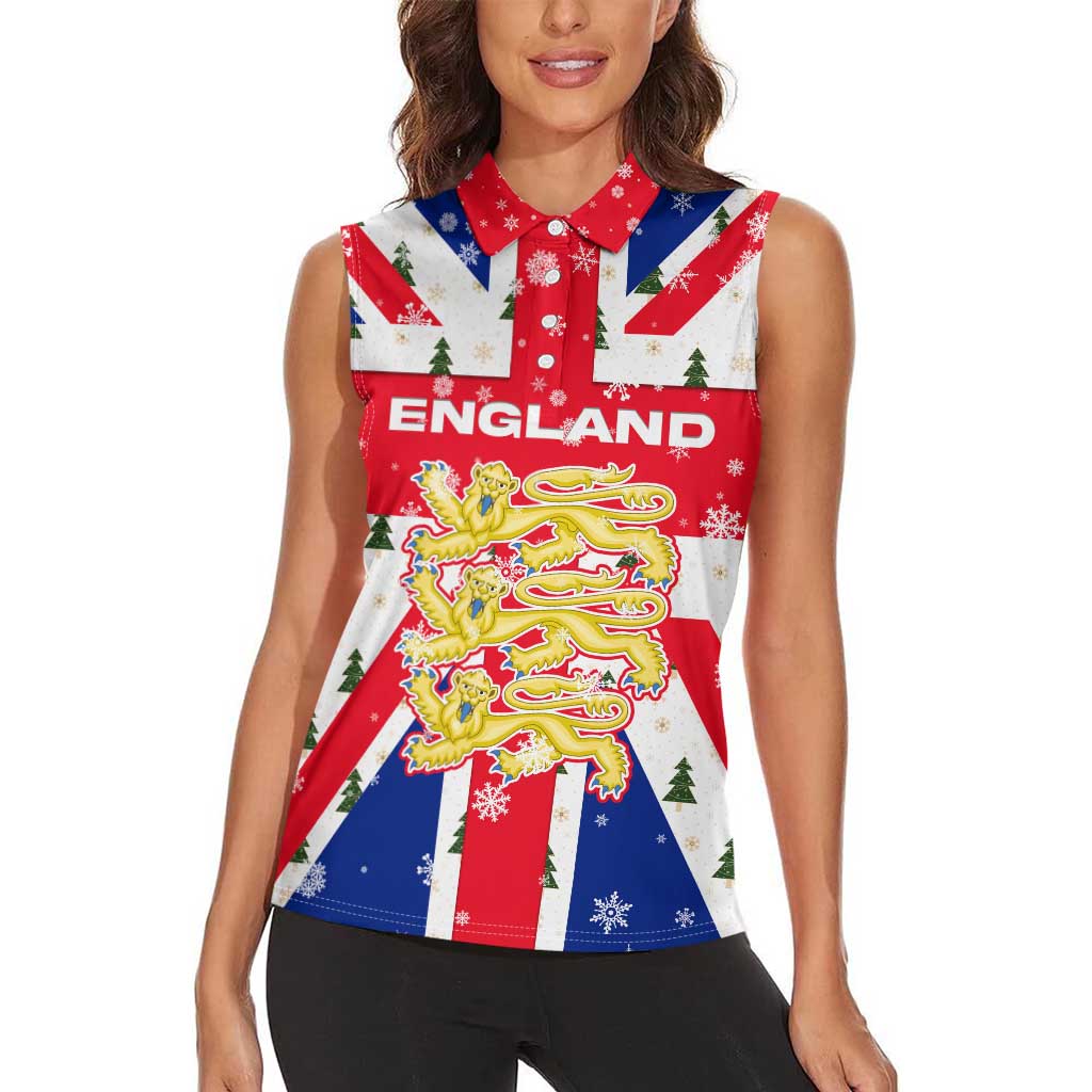 England Christmas Women Sleeveless Polo Shirt with Red White Blue Santa Bus Tree and Three Lions Design - Wonder Print Shop