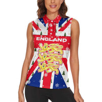 England Christmas Women Sleeveless Polo Shirt with Red White Blue Santa Bus Tree and Three Lions Design - Wonder Print Shop