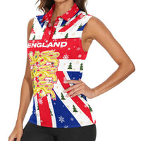 England Christmas Women Sleeveless Polo Shirt with Red White Blue Santa Bus Tree and Three Lions Design - Wonder Print Shop