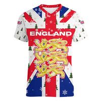 England Christmas Women V-Neck T-Shirt with Red White Blue Santa Bus Tree and Three Lions Design - Wonder Print Shop