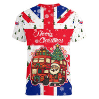 England Christmas Women V-Neck T-Shirt with Red White Blue Santa Bus Tree and Three Lions Design - Wonder Print Shop