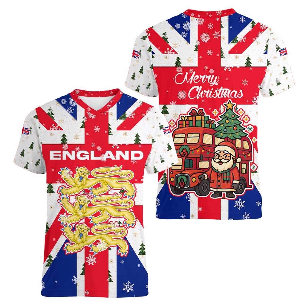 England Christmas Women V-Neck T-Shirt with Red White Blue Santa Bus Tree and Three Lions Design - Wonder Print Shop