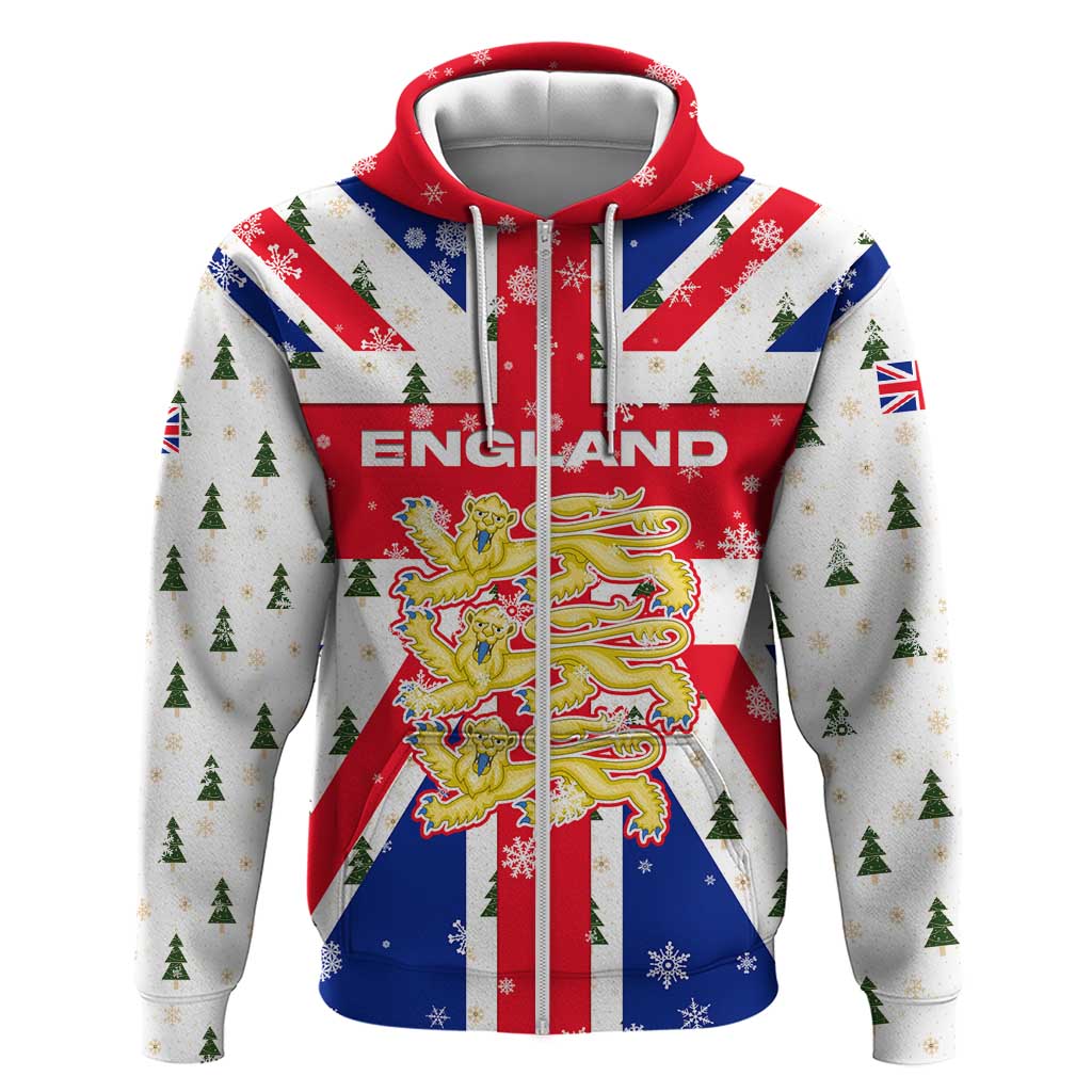 England Christmas Zip Hoodie with Red White Blue Santa Bus Tree and Three Lions Design - Wonder Print Shop
