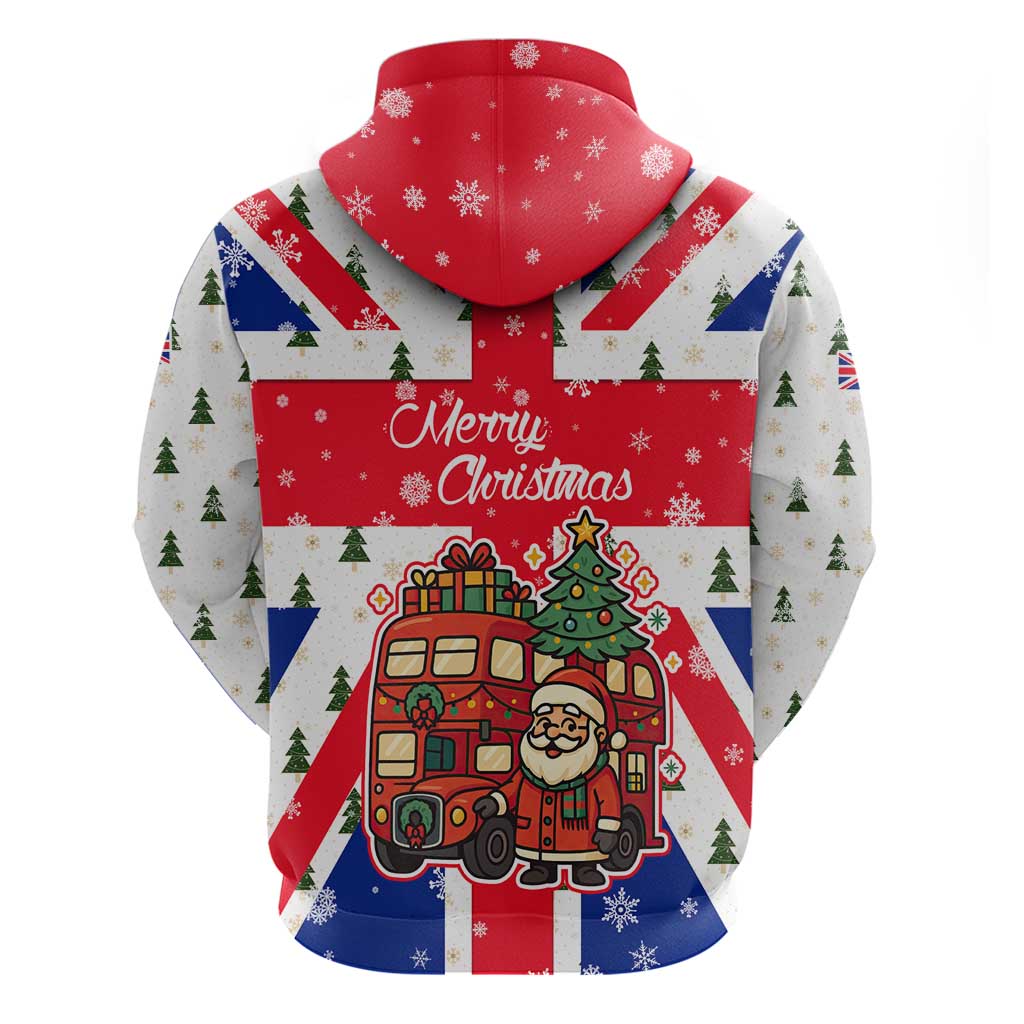 England Christmas Zip Hoodie with Red White Blue Santa Bus Tree and Three Lions Design - Wonder Print Shop