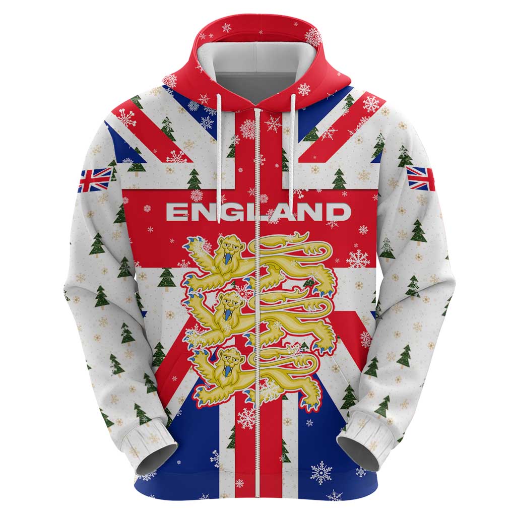 England Christmas Zip Hoodie with Red White Blue Santa Bus Tree and Three Lions Design - Wonder Print Shop