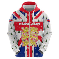 England Christmas Zip Hoodie with Red White Blue Santa Bus Tree and Three Lions Design - Wonder Print Shop