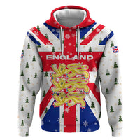 England Christmas Zip Hoodie with Red White Blue Santa Bus Tree and Three Lions Design - Wonder Print Shop