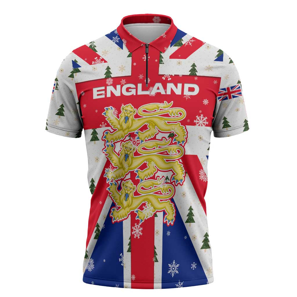England Christmas Zipper Polo Shirt with Red White Blue Santa Bus Tree and Three Lions Design - Wonder Print Shop