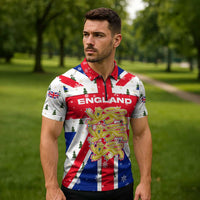 England Christmas Zipper Polo Shirt with Red White Blue Santa Bus Tree and Three Lions Design - Wonder Print Shop