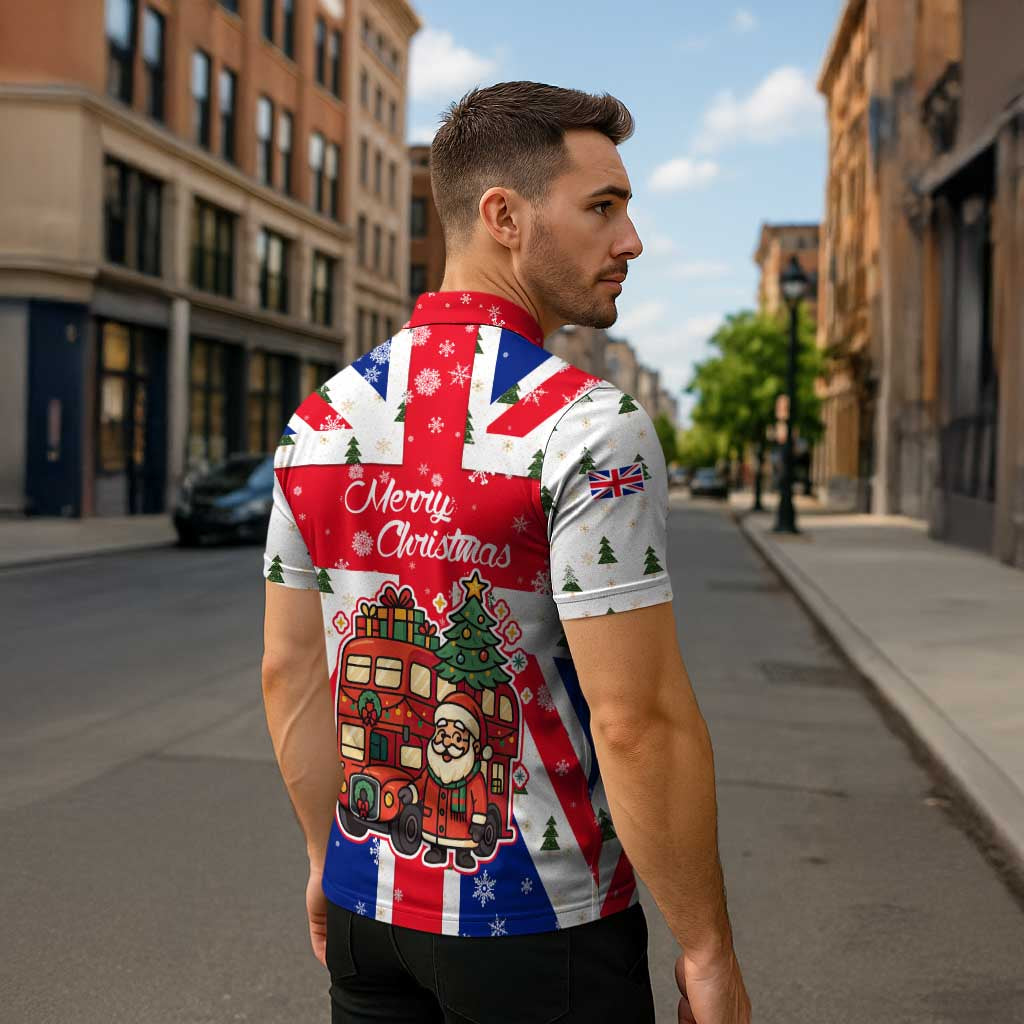 England Christmas Zipper Polo Shirt with Red White Blue Santa Bus Tree and Three Lions Design - Wonder Print Shop