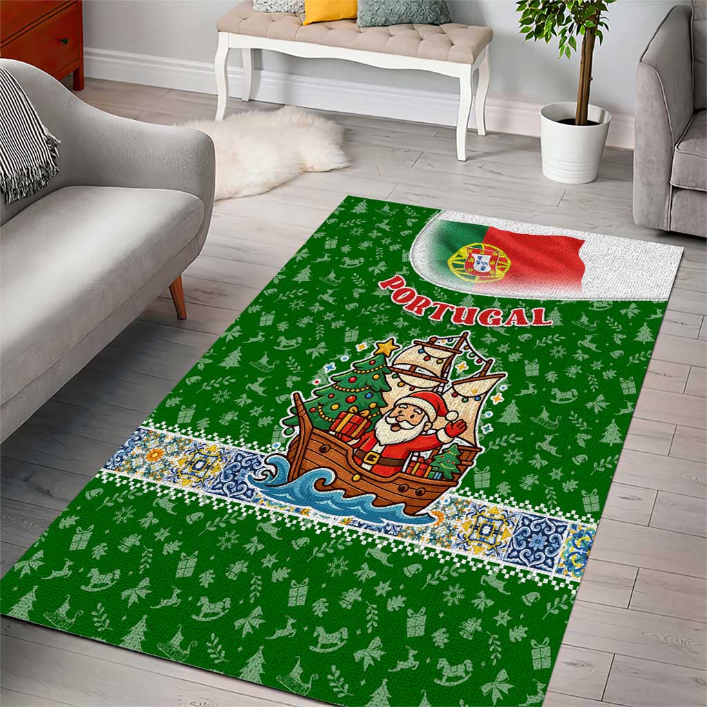 Portugal Christmas Area Rug with Green Red Santa Ship Tree and Coat of Arms - Wonder Print Shop