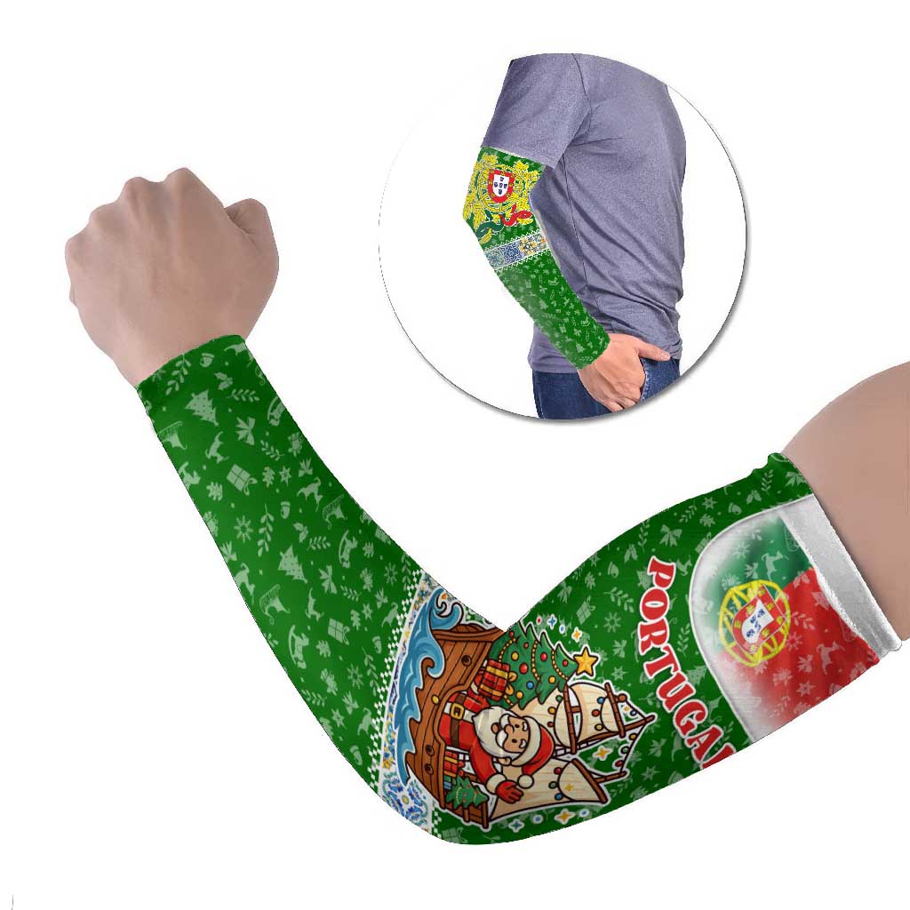 Portugal Christmas Arm Sleeves with Green Red Santa Ship Tree and Coat of Arms - Wonder Print Shop
