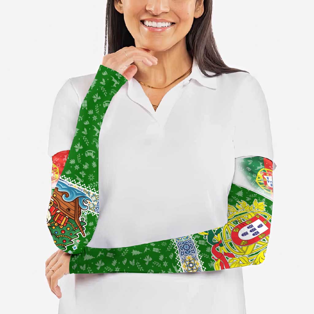 Portugal Christmas Arm Sleeves with Green Red Santa Ship Tree and Coat of Arms - Wonder Print Shop