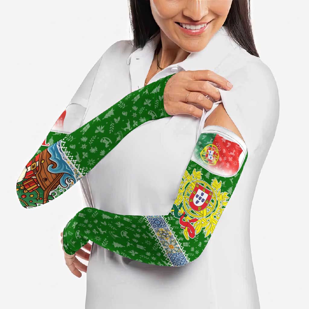 Portugal Christmas Arm Sleeves with Green Red Santa Ship Tree and Coat of Arms - Wonder Print Shop