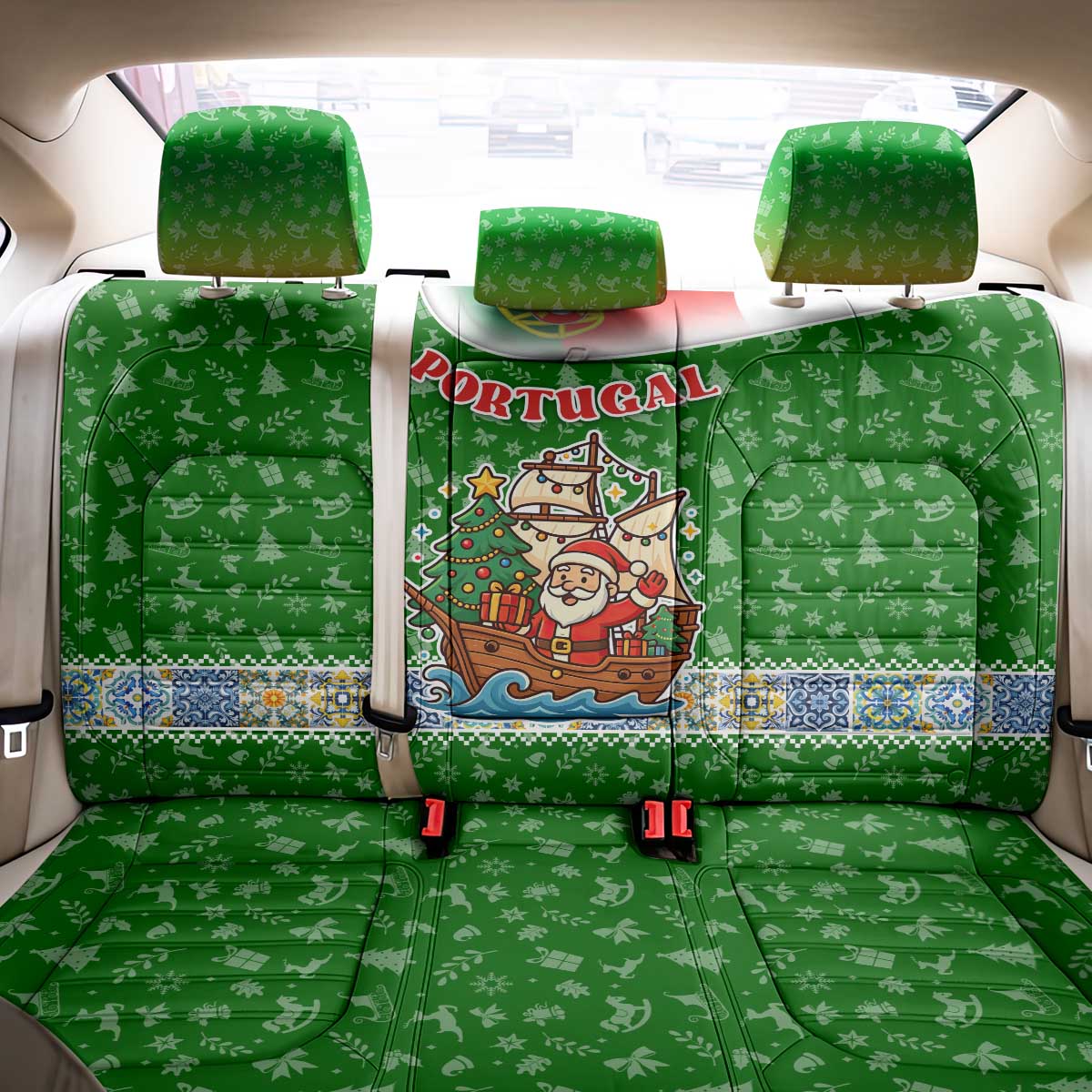 Portugal Christmas Back Car Seat Cover with Green Red Santa Ship Tree and Coat of Arms - Wonder Print Shop