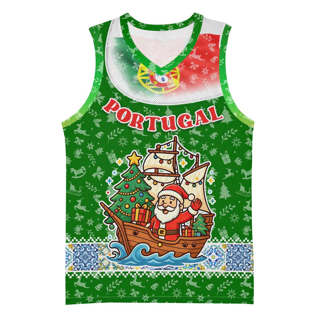 Portugal Christmas Basketball Jersey with Green Red Santa Ship Tree and Coat of Arms - Wonder Print Shop