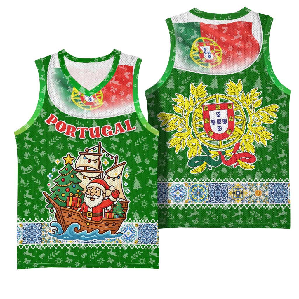 Portugal Christmas Basketball Jersey with Green Red Santa Ship Tree and Coat of Arms - Wonder Print Shop