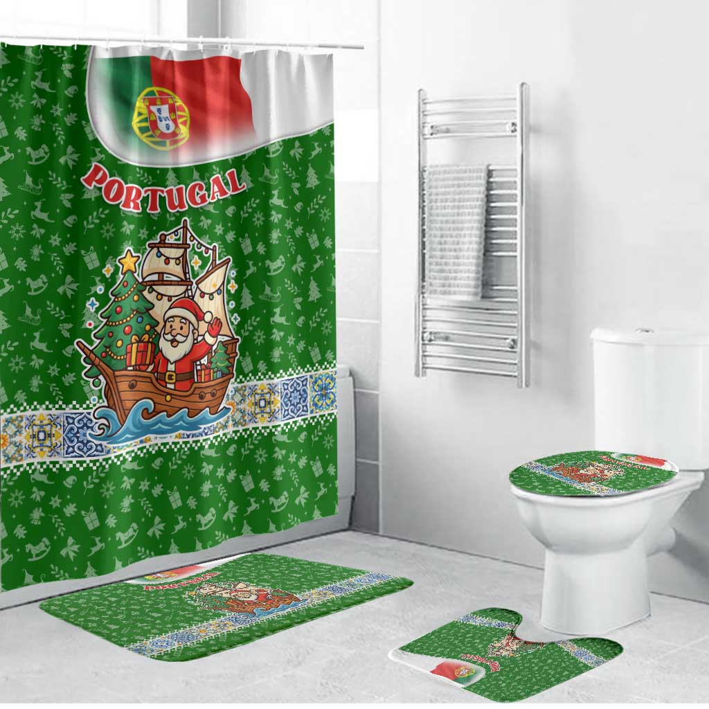Portugal Christmas Bathroom Set with Green Red Santa Ship Tree and Coat of Arms - Wonder Print Shop
