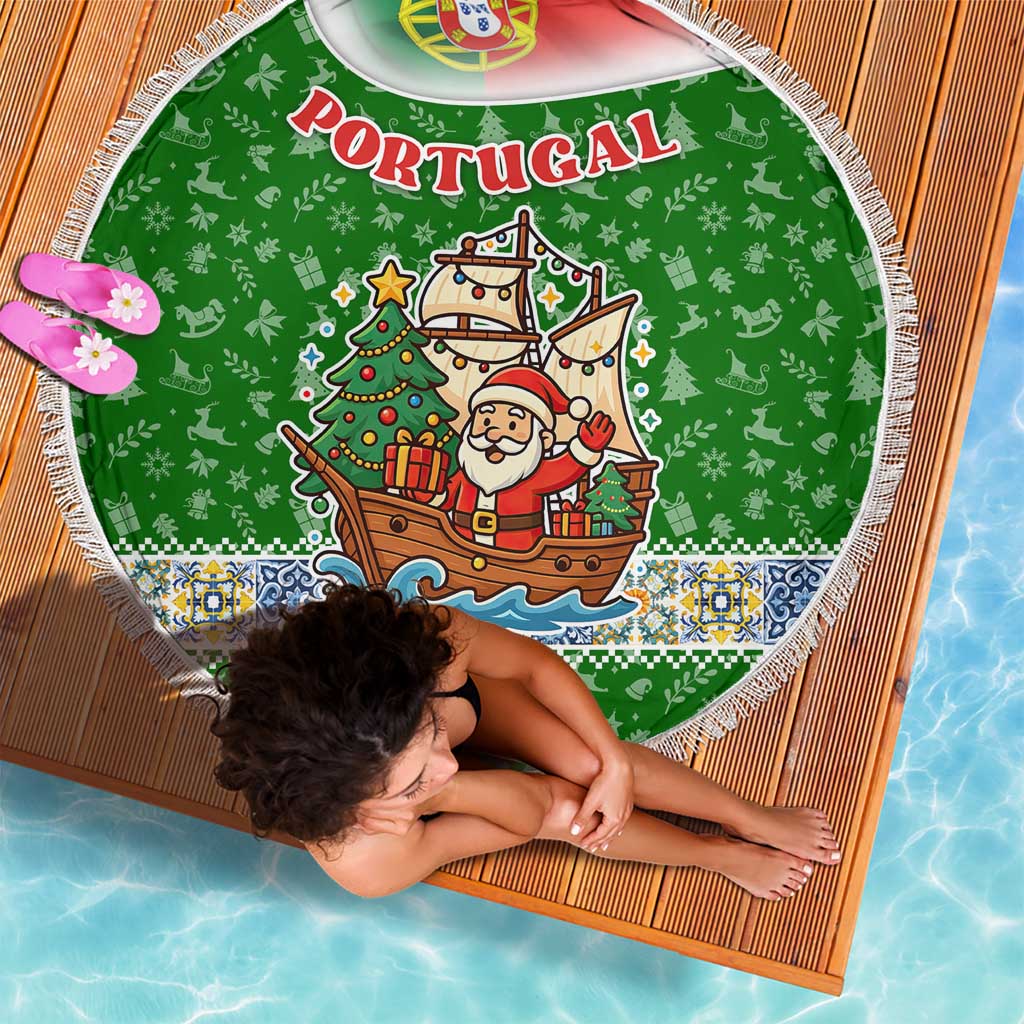 Portugal Christmas Beach Blanket with Green Red Santa Ship Tree and Coat of Arms - Wonder Print Shop