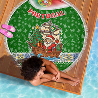 Portugal Christmas Beach Blanket with Green Red Santa Ship Tree and Coat of Arms - Wonder Print Shop