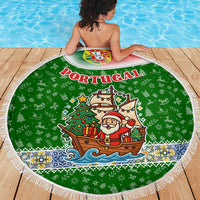 Portugal Christmas Beach Blanket with Green Red Santa Ship Tree and Coat of Arms - Wonder Print Shop