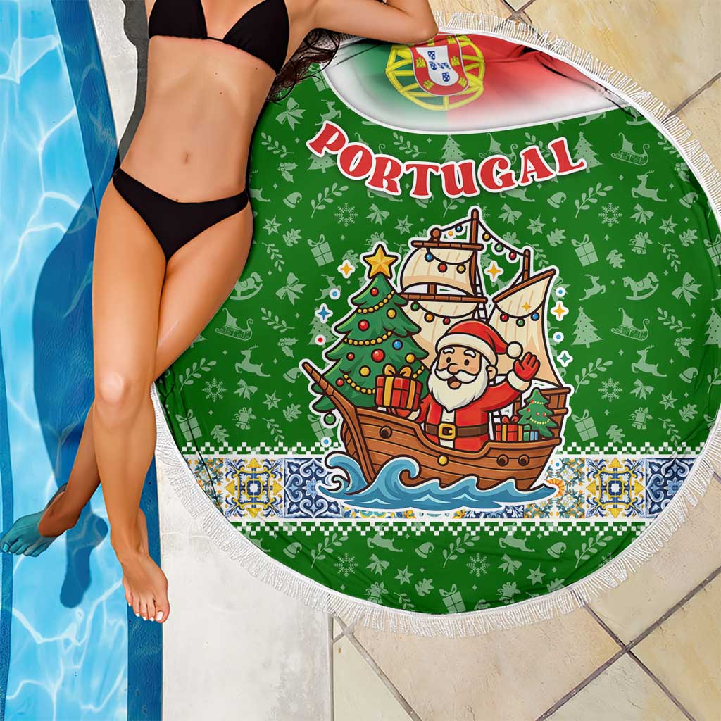 Portugal Christmas Beach Blanket with Green Red Santa Ship Tree and Coat of Arms - Wonder Print Shop