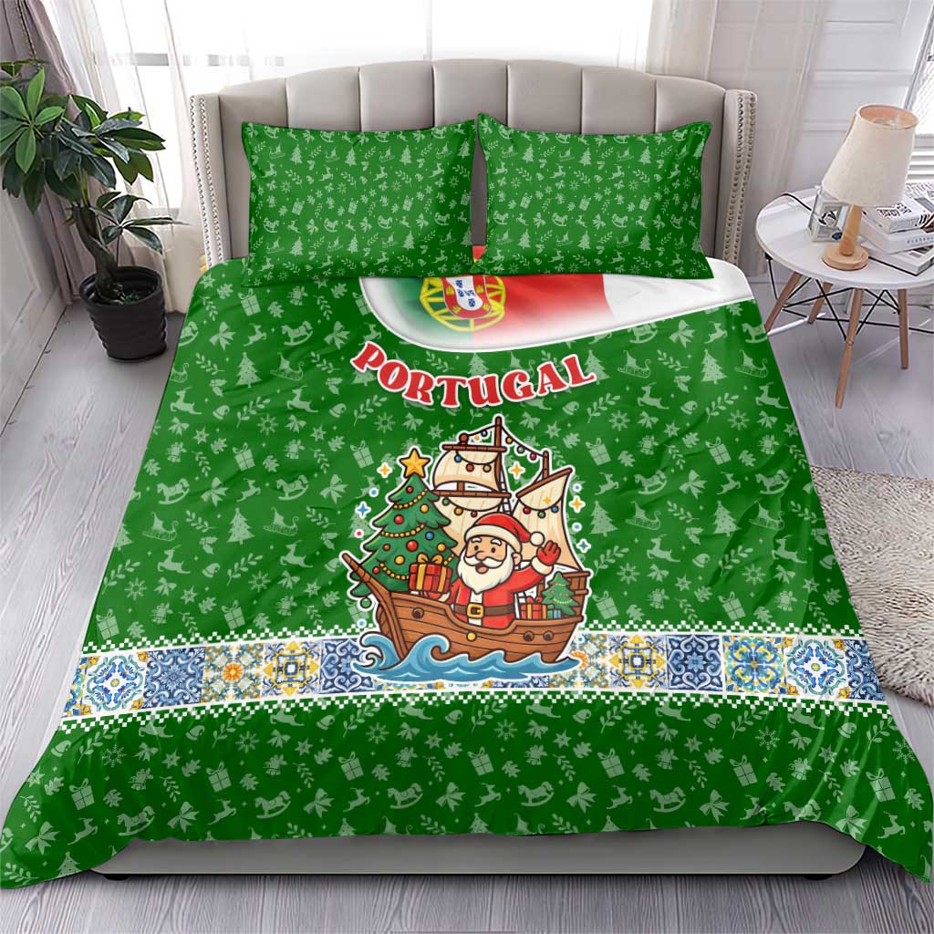 Portugal Christmas Bedding Set with Green Red Santa Ship Tree and Coat of Arms - Wonder Print Shop