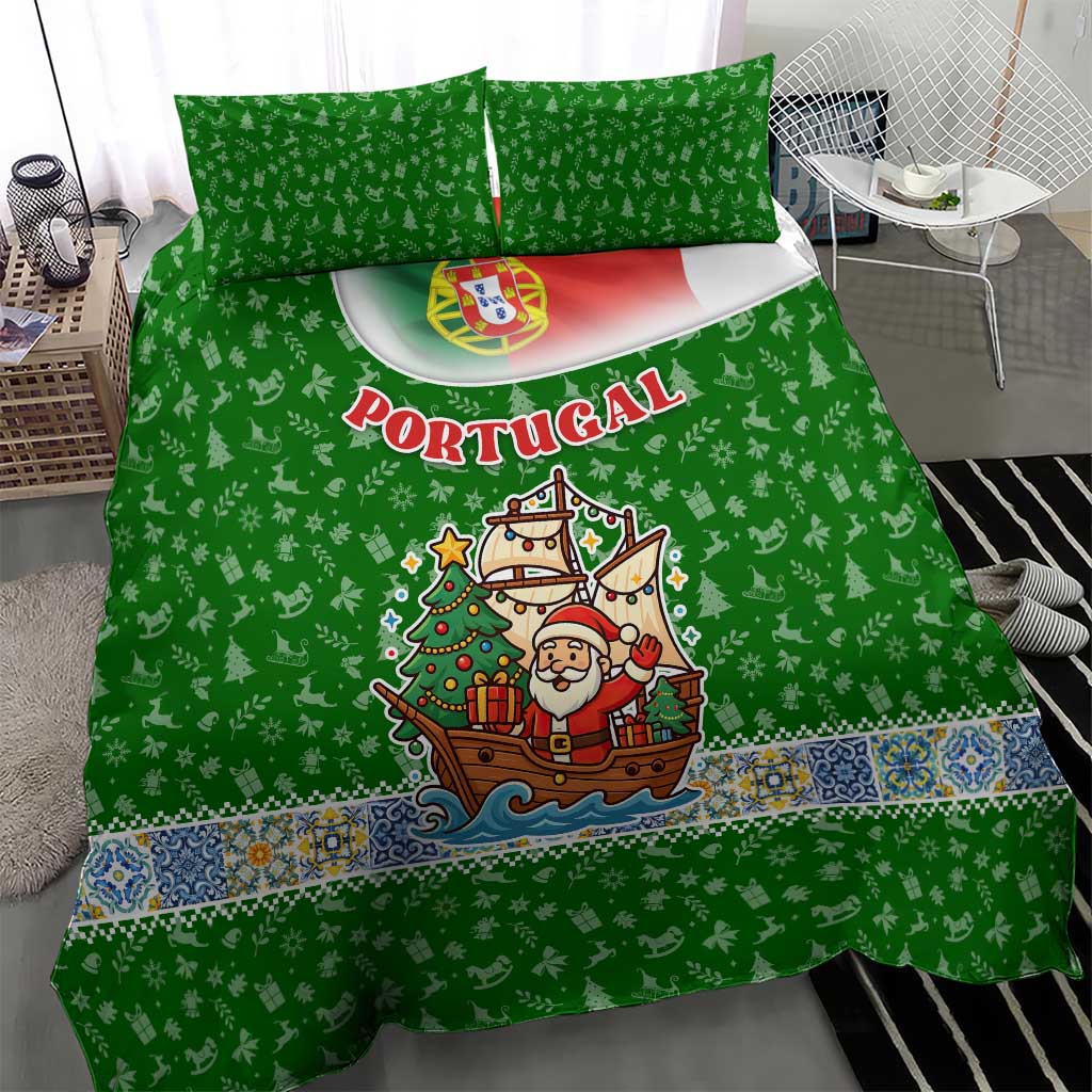 Portugal Christmas Bedding Set with Green Red Santa Ship Tree and Coat of Arms - Wonder Print Shop