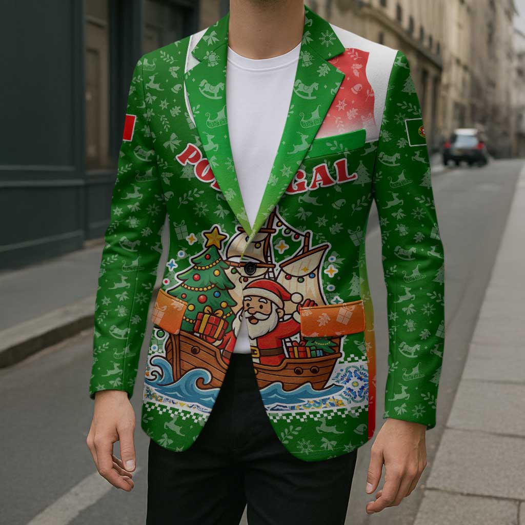Portugal Christmas Blazer with Green Red Santa Ship Tree and Coat of Arms - Wonder Print Shop