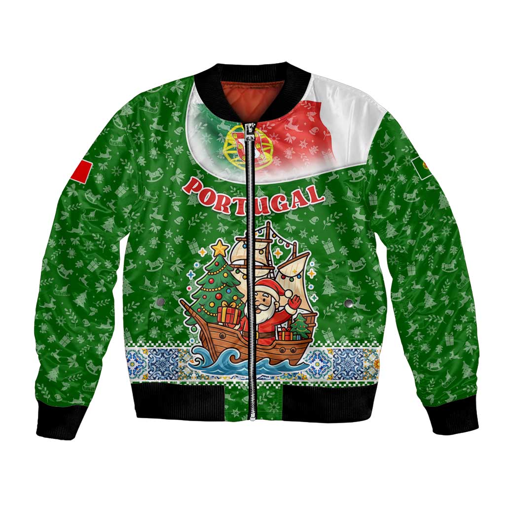 Portugal Christmas Bomber Jacket with Green Red Santa Ship Tree and Coat of Arms - Wonder Print Shop