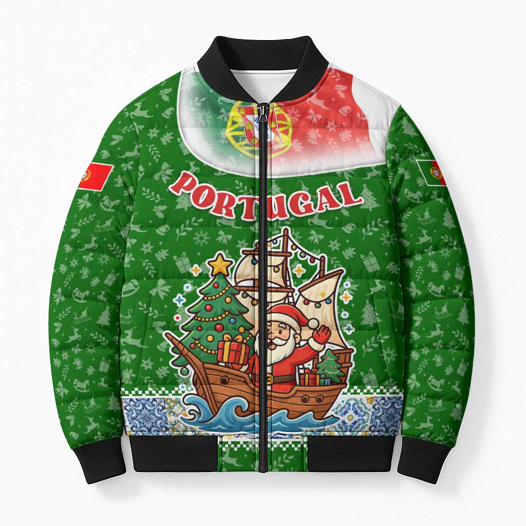Portugal Christmas Bomber Puffer Jacket with Green Red Santa Ship Tree and Coat of Arms - Wonder Print Shop