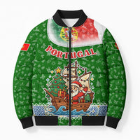 Portugal Christmas Bomber Puffer Jacket with Green Red Santa Ship Tree and Coat of Arms - Wonder Print Shop