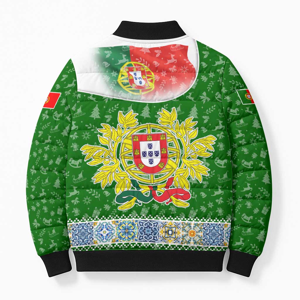 Portugal Christmas Bomber Puffer Jacket with Green Red Santa Ship Tree and Coat of Arms - Wonder Print Shop