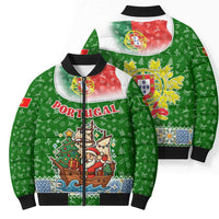 Portugal Christmas Bomber Puffer Jacket with Green Red Santa Ship Tree and Coat of Arms - Wonder Print Shop