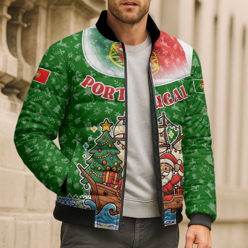 Portugal Christmas Bomber Puffer Jacket with Green Red Santa Ship Tree and Coat of Arms - Wonder Print Shop