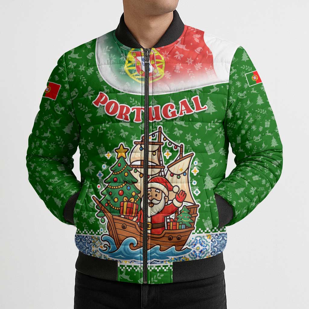 Portugal Christmas Bomber Puffer Jacket with Green Red Santa Ship Tree and Coat of Arms - Wonder Print Shop
