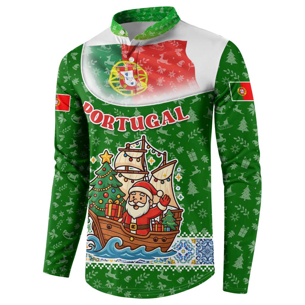 Portugal Christmas Button Sweatshirt with Green Red Santa Ship Tree and Coat of Arms - Wonder Print Shop