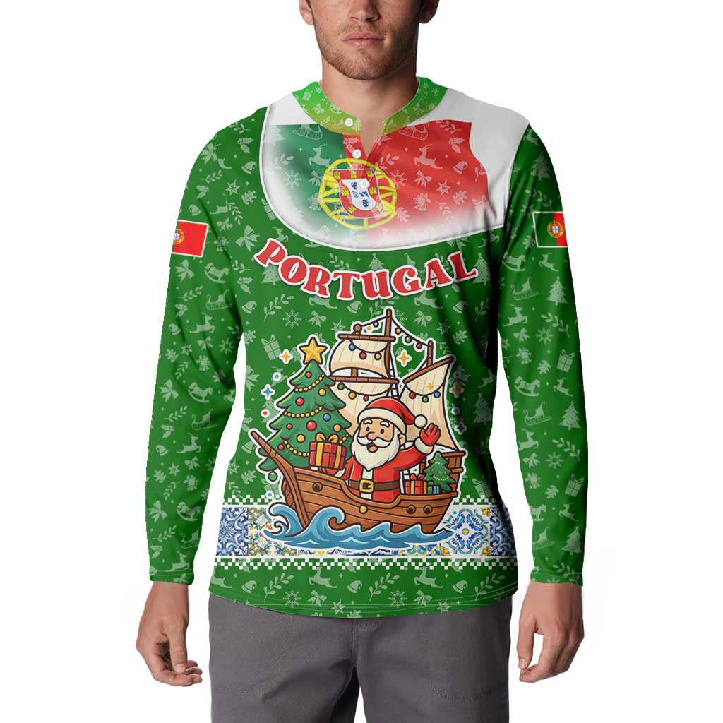 Portugal Christmas Button Sweatshirt with Green Red Santa Ship Tree and Coat of Arms - Wonder Print Shop