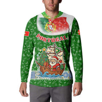 Portugal Christmas Button Sweatshirt with Green Red Santa Ship Tree and Coat of Arms - Wonder Print Shop