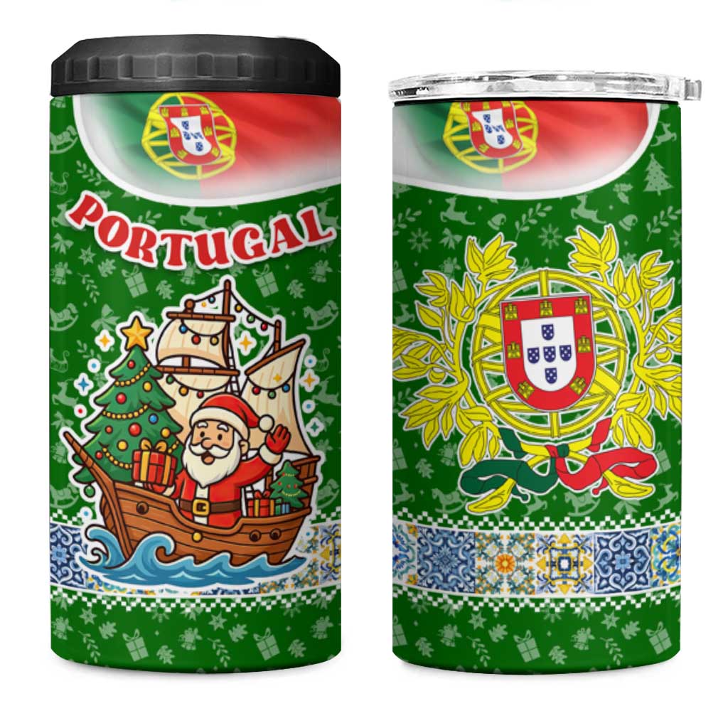 Portugal Christmas 4 in 1 Can Cooler Tumbler with Green Red Santa Ship Tree and Coat of Arms - Wonder Print Shop
