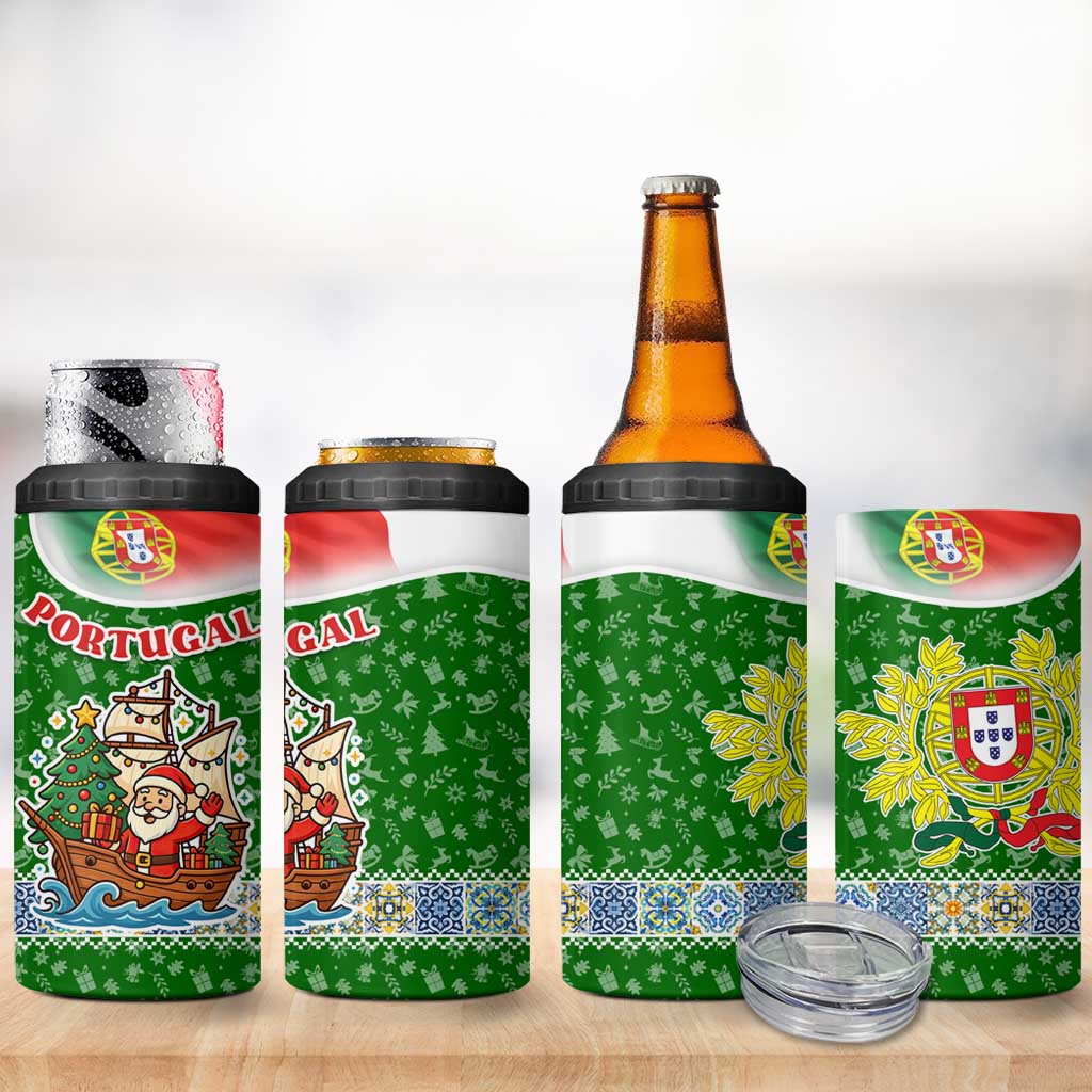 Portugal Christmas 4 in 1 Can Cooler Tumbler with Green Red Santa Ship Tree and Coat of Arms - Wonder Print Shop