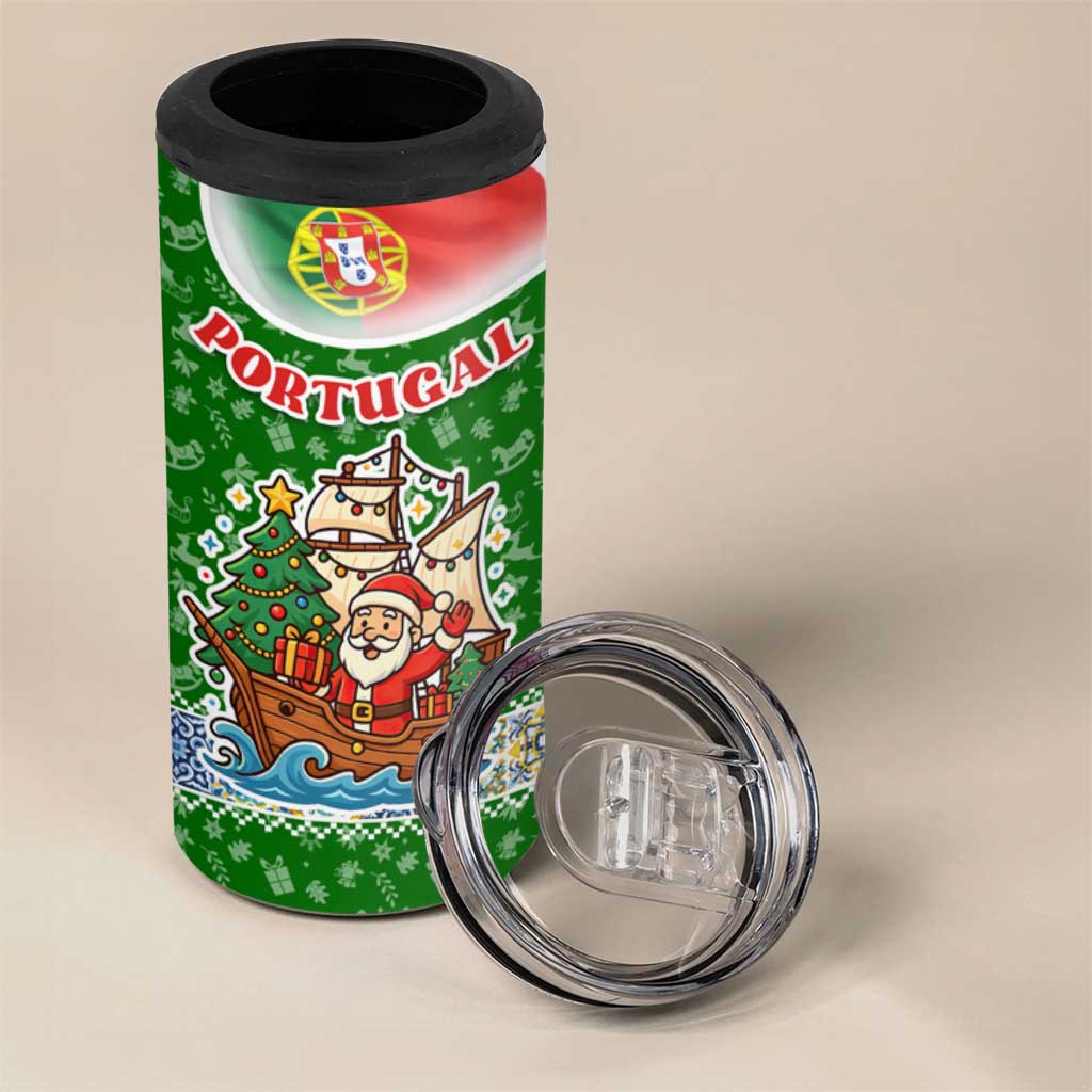 Portugal Christmas 4 in 1 Can Cooler Tumbler with Green Red Santa Ship Tree and Coat of Arms - Wonder Print Shop