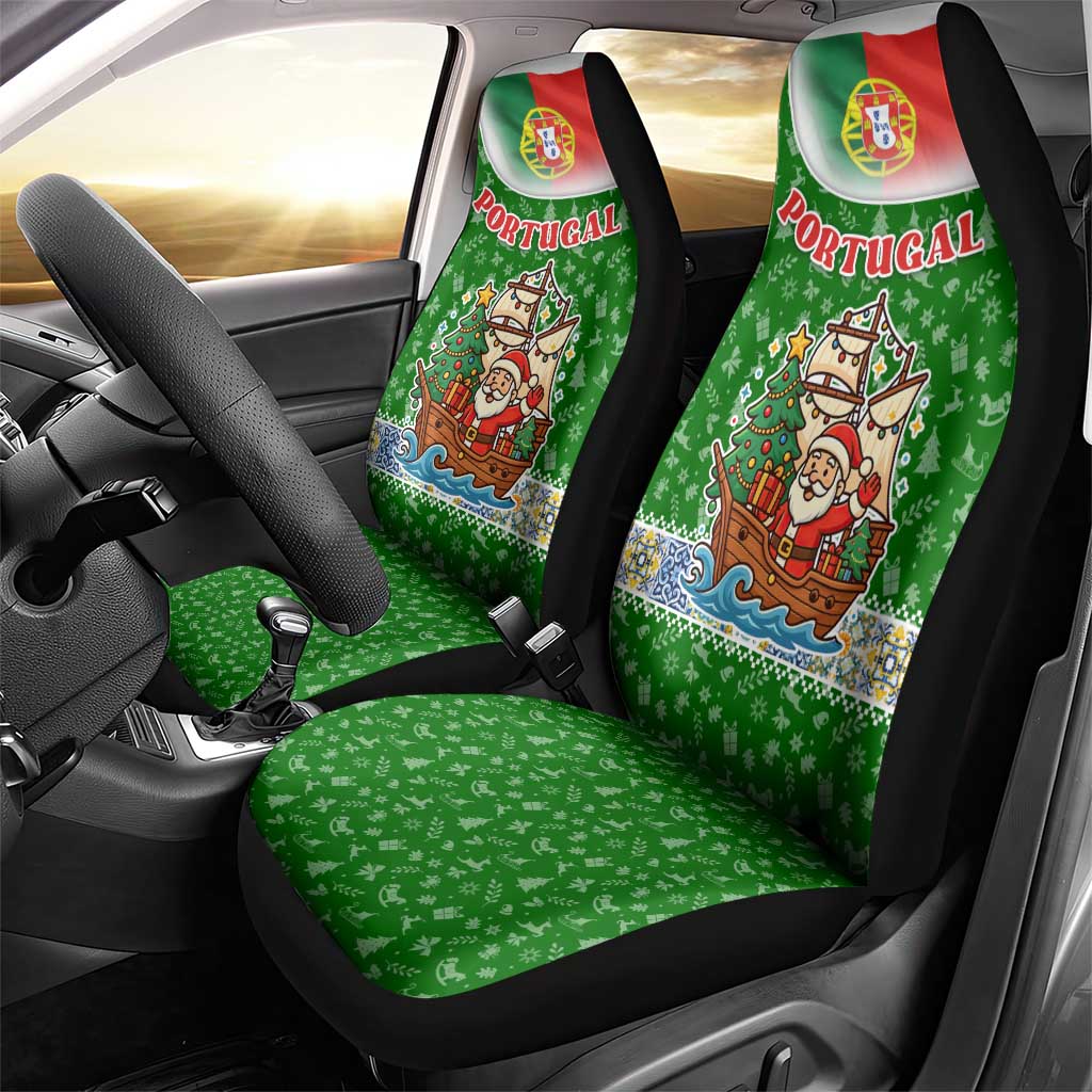 Portugal Christmas Car Seat Cover with Green Red Santa Ship Tree and Coat of Arms - Wonder Print Shop