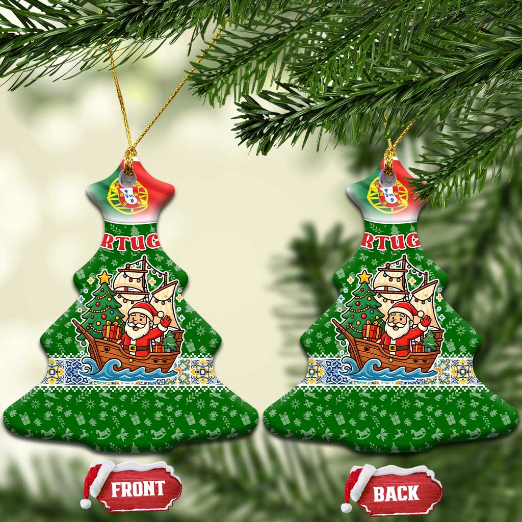 Portugal Christmas Ceramic Ornament with Green Red Santa Ship Tree and Coat of Arms - Wonder Print Shop