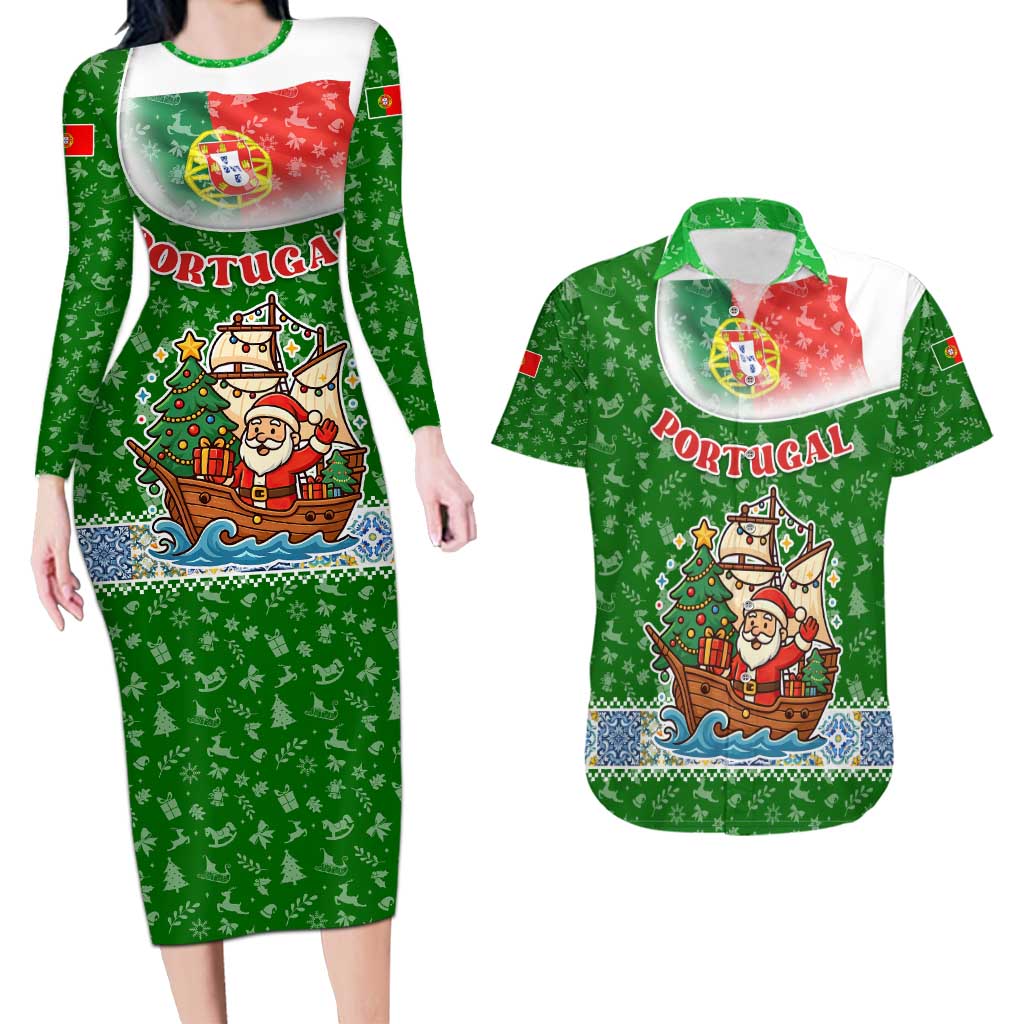 Portugal Christmas Couples Matching Long Sleeve Bodycon Dress and Hawaiian Shirt with Green Red Santa Ship Tree and Coat of Arms - Wonder Print Shop
