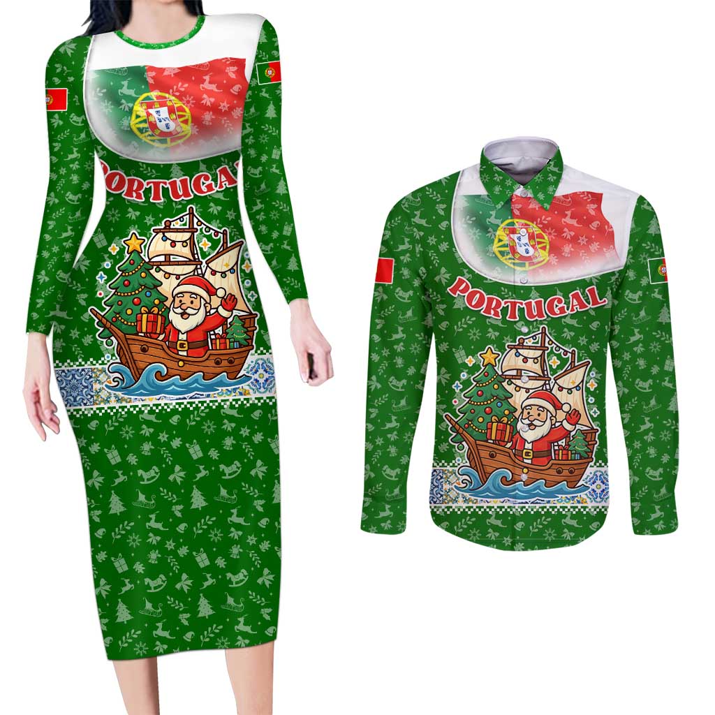 Portugal Christmas Couples Matching Long Sleeve Bodycon Dress and Long Sleeve Button Shirt with Green Red Santa Ship Tree and Coat of Arms - Wonder Print Shop