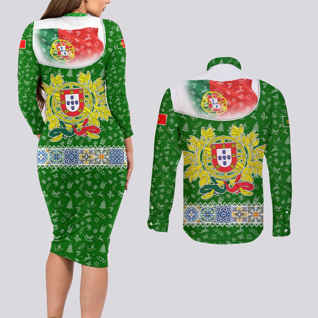 Portugal Christmas Couples Matching Long Sleeve Bodycon Dress and Long Sleeve Button Shirt with Green Red Santa Ship Tree and Coat of Arms - Wonder Print Shop