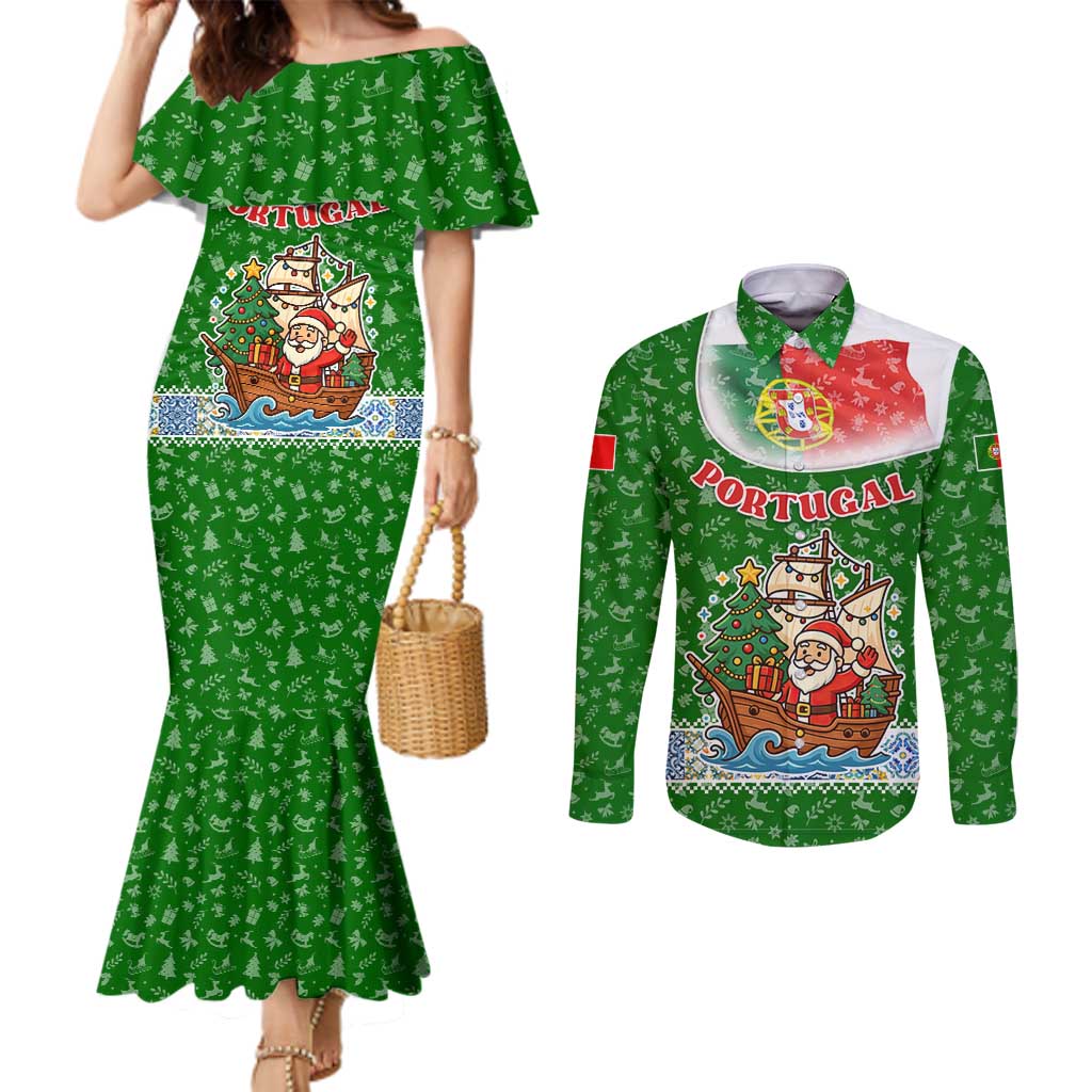 Portugal Christmas Couples Matching Mermaid Dress and Long Sleeve Button Shirt with Green Red Santa Ship Tree and Coat of Arms - Wonder Print Shop