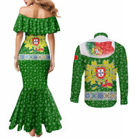 Portugal Christmas Couples Matching Mermaid Dress and Long Sleeve Button Shirt with Green Red Santa Ship Tree and Coat of Arms - Wonder Print Shop