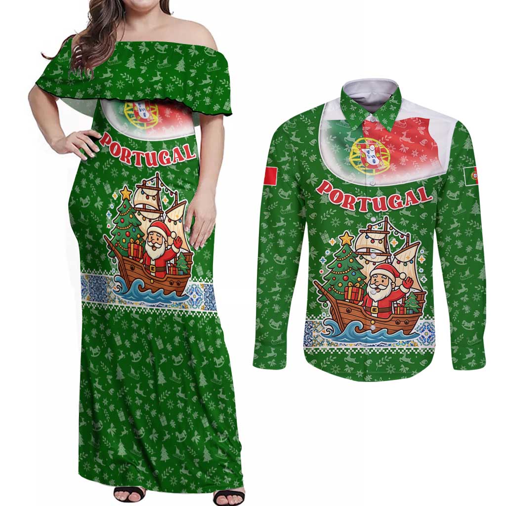 Portugal Christmas Couples Matching Off Shoulder Maxi Dress and Long Sleeve Button Shirt with Green Red Santa Ship Tree and Coat of Arms - Wonder Print Shop